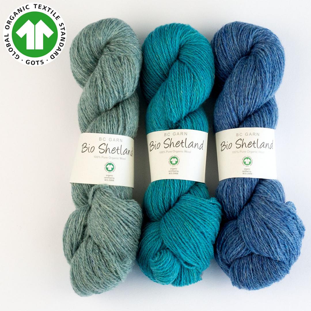 Kuvassa on BC Garn Bio Shetland GOTS -lankoja (yarn).