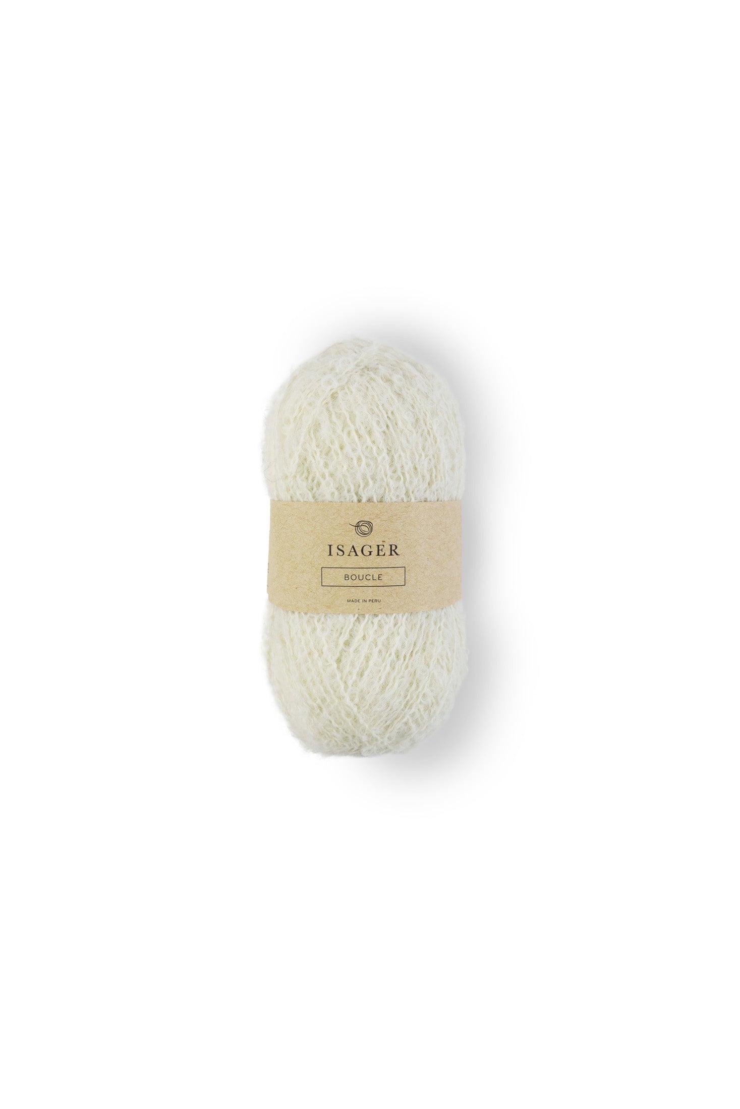 Kuvassa on Isager Bouclé -lankakerä (yarn) sävyssä E0.
