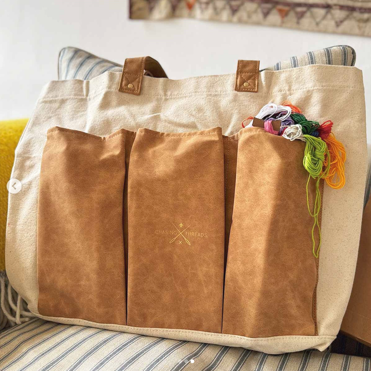 Kuvassa on neulojalle kirjontapakkaus projektipussiin (embroidery kit for project bag).