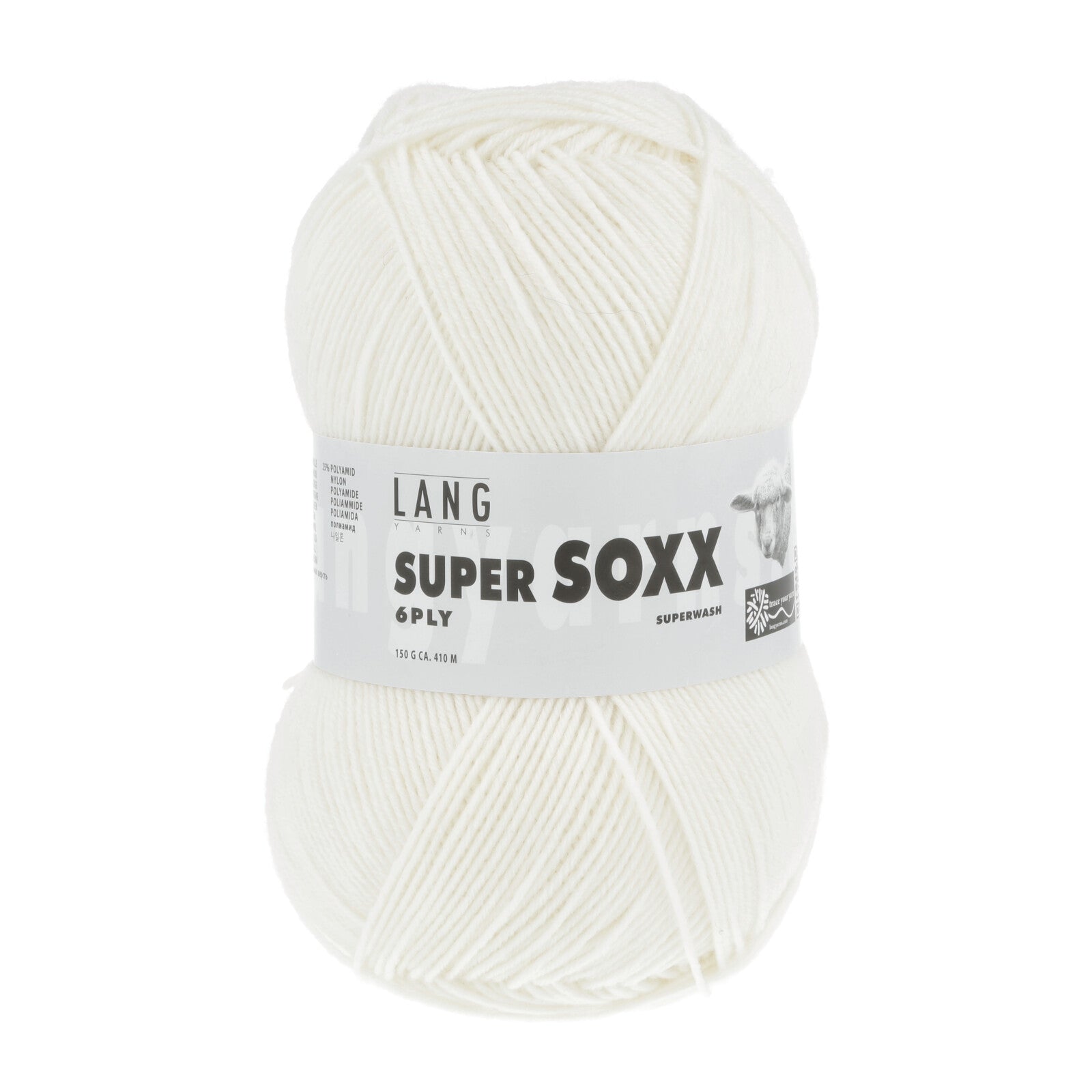 Kuvassa on Lang Yarns Super Soxx 6 ply -sukkalanka värissä valkoinen.