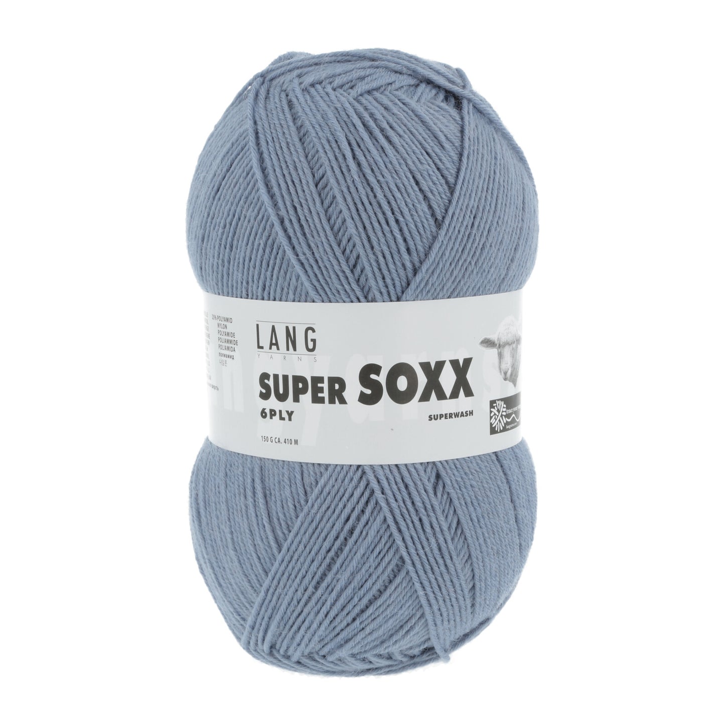 Kuvassa on Lang Yarns Super Soxx 6 ply -sukkalanka värissä harmaansininen.