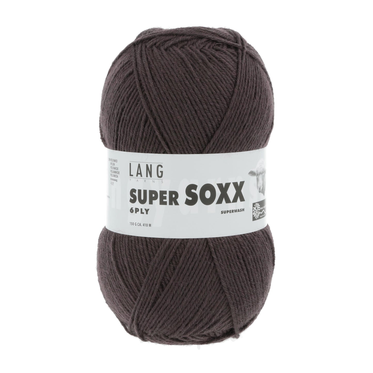 Kuvassa on Lang Yarns Super Soxx 6 ply -sukkalanka värissä suklaanruskea.