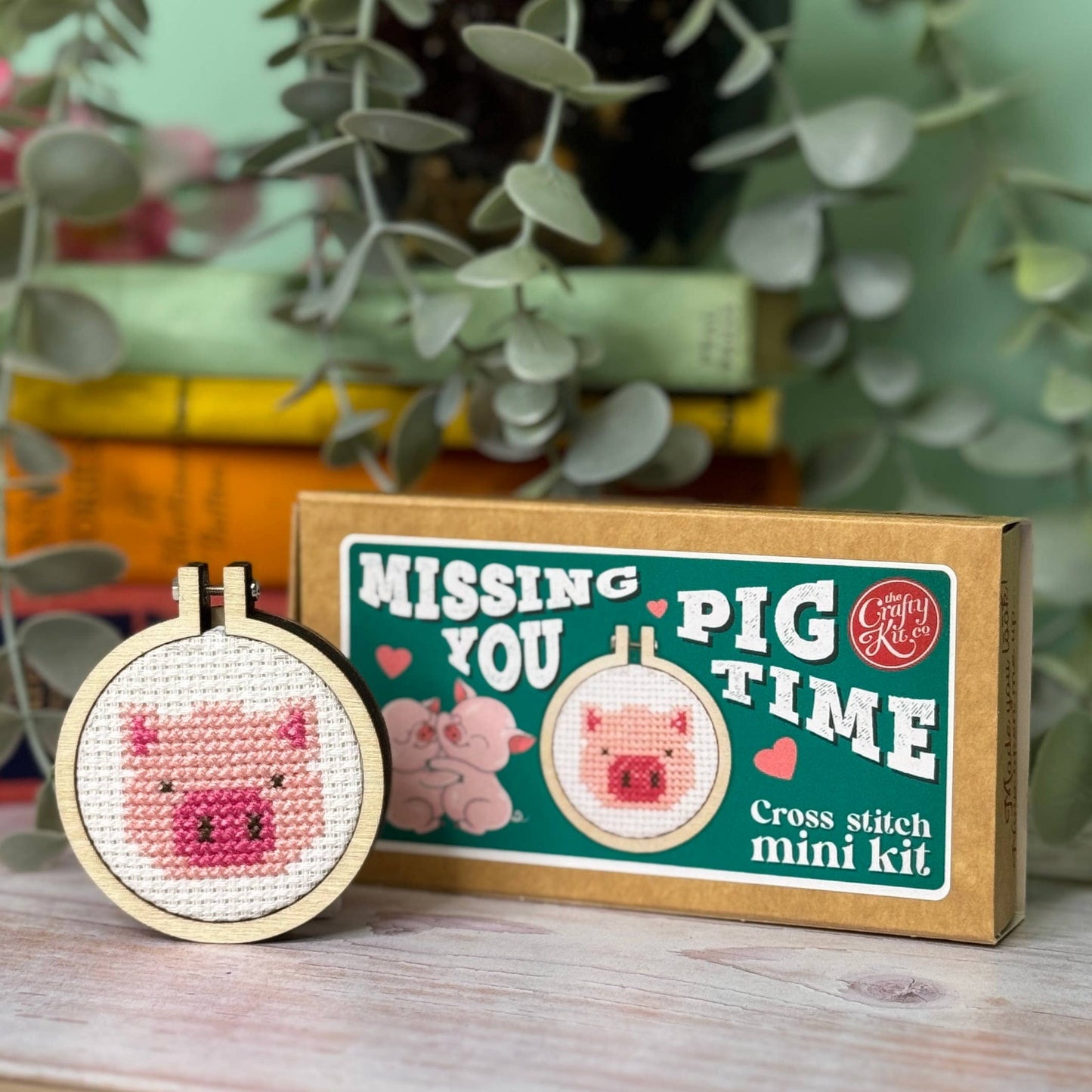 Kuvassa on The Crafty Kit Company -valmistajan Missing you pig time -ristipistopakkaus.