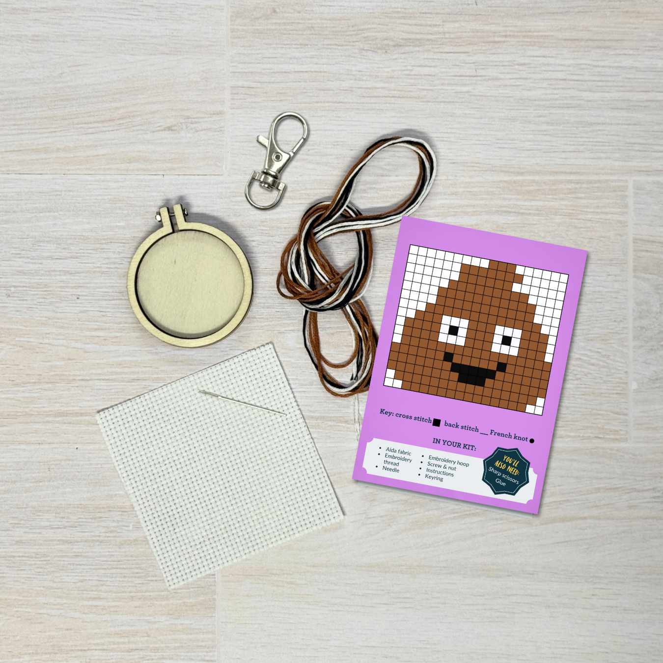 Kuvassa on The Crafty Kit Company -valmistajan S**t happens -ristipistopakkaus.