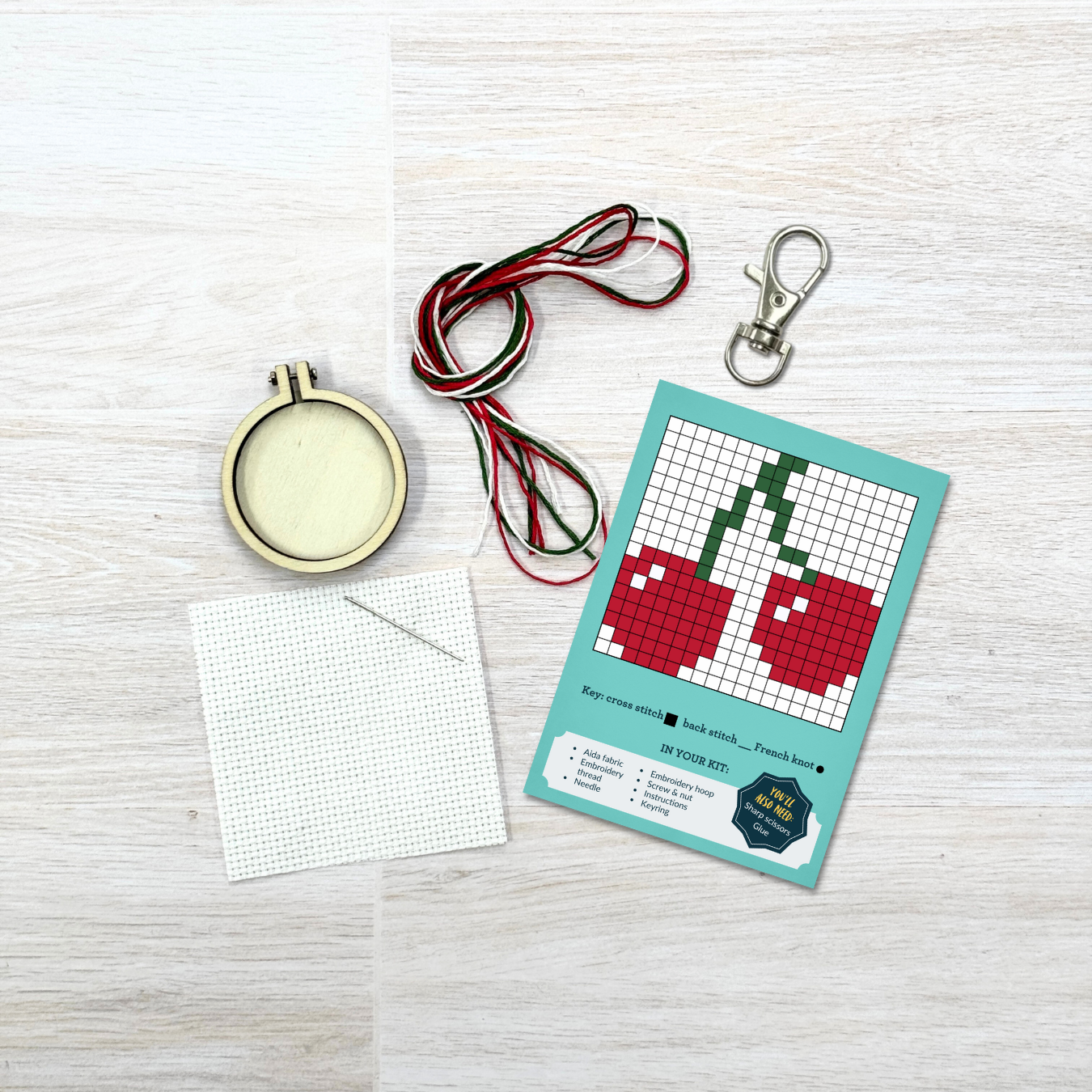Kuvassa on The Crafty Kit Company -valmistajan I love you cherry much -ristipistopakkaus.