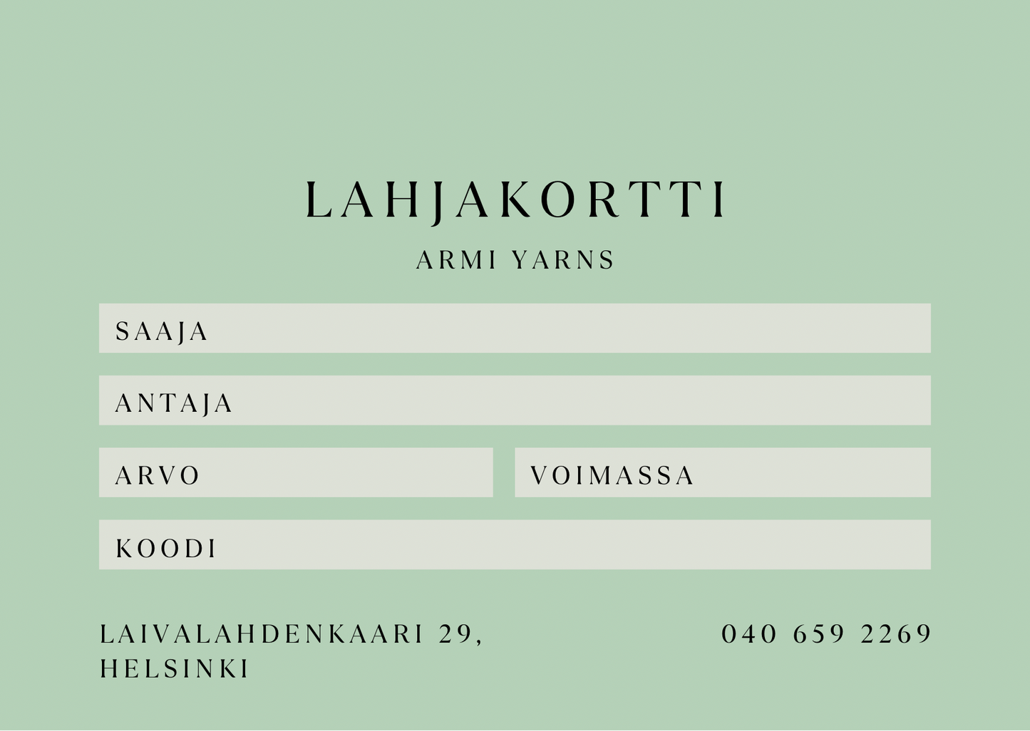 Armi yarns -lahjakortti lankakauppa Armiin